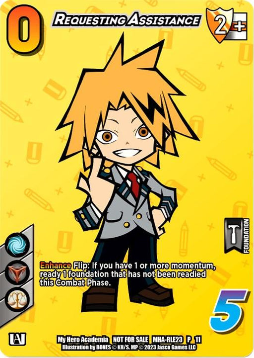 A yellow card from the "My Hero Academia Collectible Card Game" features a character with spiky blond hair in a school uniform. Titled "Requesting Assistance (Regional License Exam 2023) [Regional License Exam]," this promo card from UniVersus has a zero in the top left corner, symbols, and a number five in the bottom right. Text on the card provides gameplay details.