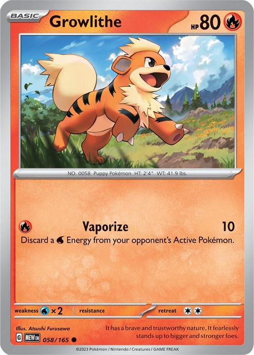 A Pokémon Growlithe (058/165) [Scarlet & Violet: 151] from the Scarlet & Violet: 151 set features Growlithe, a dog-like creature with orange fur and black stripes. Growlithe is depicted running through a grassy field with mountains in the background. The common card has an HP of 80, includes a move called Vaporize, and is illustrated by Atsushi Furusawa.