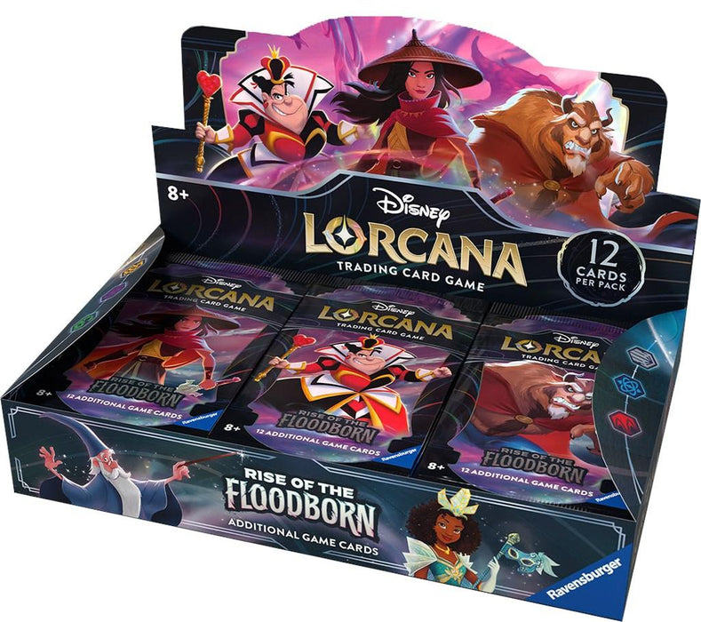 A Rise of the Floodborn - Booster Box of Disney Lorcana trading card game, featuring "Rise of the Floodborn" card packs. The box showcases various Disney characters like Ursula, Robin Hood, and Maleficent. Each pack contains 12 cards and is suitable for ages 8 and up. The packaging proudly displays the Disney logo.