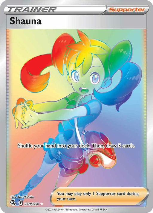 A Pokémon trading card labeled "Shauna (278/264) [Sword & Shield: Fusion Strike]" from the Pokémon series. It features a vibrant character with a rainbow-colored design. She has twin ponytails in red and blue, a green top, and a blue skirt. The instructions read: "Shuffle your hand into your deck. Then, draw 5 cards." This Secret Rare card is numbered 278/264.