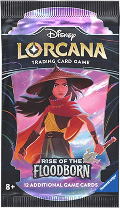 Image of a Disney Rise of the Floodborn - Booster Pack, titled "Rise of the Floodborn." The pack features a stylized illustration of a female character wearing a wide-brimmed hat, red cape, and holding a sword. The packaging indicates it contains 12 additional game cards and is suitable for ages 8 and up.