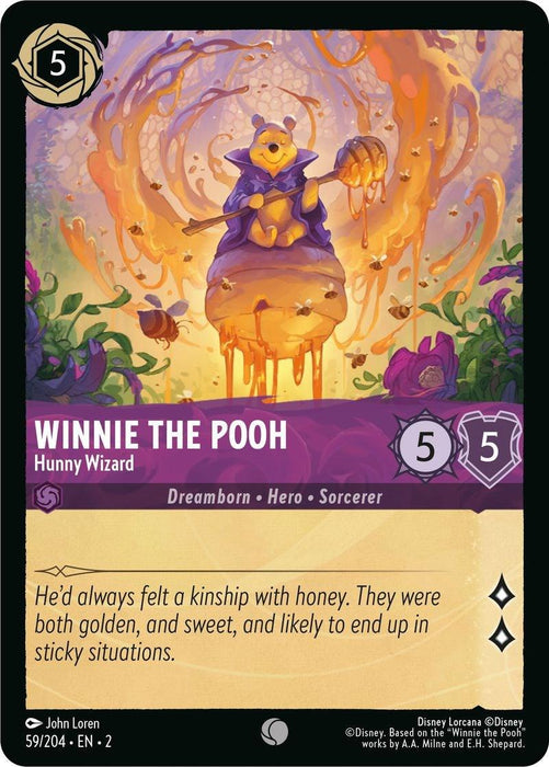 An illustrated card, labeled "Winnie the Pooh - Hunny Wizard (59/204) [Rise of the Floodborn]," features Pooh seated atop a large, honey-filled pot with honey pouring out and flowers around. As part of the Disney Rise of the Floodborn set, this common card's attributes are "Dreamborn," "Hero," and "Sorcerer." The quote reads, "He'd always felt a kinship with honey. They were