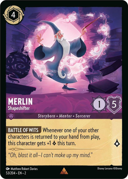 A card from Disney Lorcana's Rise of the Floodborn features Merlin, a Shapeshifter with the abilities of Mentor and Sorcerer. Merlin is depicted in a flowing blue robe casting a spell. The card's effects include "Battle of Wits," which gives a character +1 Strength. Text at the bottom reads, “Oh, blast it all—I can’t make up my mind,” stated on Merlin - Shapeshifter (53/204) [Rise of the Floodborn] from Disney.