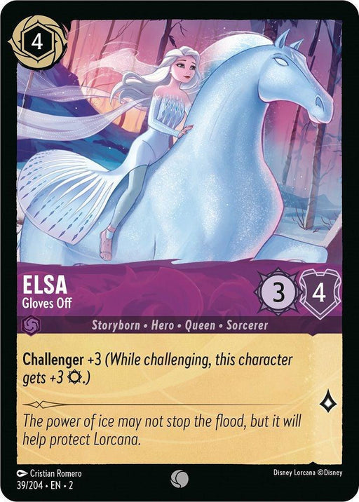 A card from Disney Lorcana, part of the "Rise of the Floodborn" set, features Elsa - Gloves Off (39/204) [Rise of the Floodborn] riding a shimmering horse. With a cost of 4, strength 3, and willpower 4, it has the special ability "Challenger +3" and flavor text: “The power of ice may not stop the flood but will help protect.
