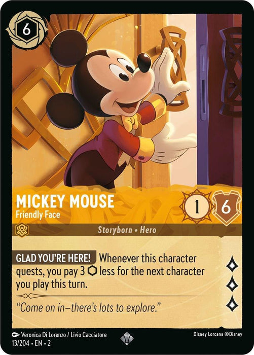 A Disney Lorcana trading card titled "Mickey Mouse - Friendly Face (13/204) [Rise of the Floodborn]" from the Rise of the Floodborn set. This super rare card features Mickey welcoming you warmly at a door, costing 6 ink with a lore value of 1 and willpower of 6. Its ability, "Glad You're Here!", reduces your next character's cost by 3 ink.