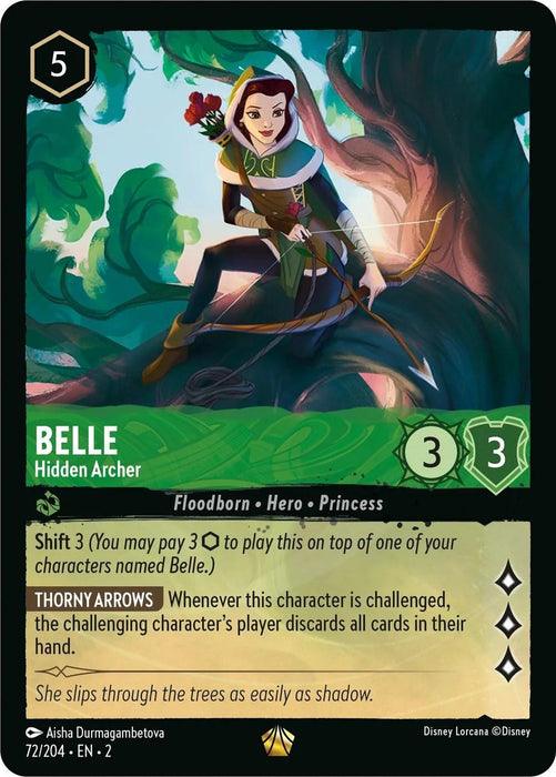 A Disney Lorcana game card titled "Belle - Hidden Archer (72/204) [Rise of the Floodborn]" from the Rise of the Floodborn set shows Belle ready for action with bow and arrow in a forest. It costs 5 resources to play, has 3 attack, and 3 defense. The card abilities include Shift 3 and Thorny Arrows. The card design is green with a unique illustration.