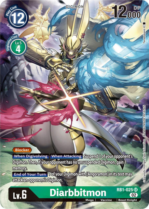 The Diarbbitmon [RB1-025] (Textured Alternate Art) trading card from the Digimon Resurgence Booster series features a Super Rare Level 6 Beast Knight Digimon with 12,000 DP. This card includes attributes such as 'Blocker' and abilities that are activated upon Digivolving and attacking. It showcases vibrant, detailed artwork of Diarbbitmon in a dynamic pose, wielding energy weapons.