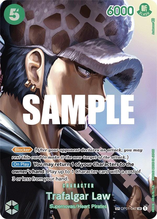 This is an image of a Bandai Trafalgar Law [Kingdoms of Intrigue] trading card featuring Trafalgar Law. The card, classified as Card Type Character, has a green border, a power value of 5, and a strength of 6000. Trafalgar Law is depicted in a checkered hat and hoodie, with text detailing his abilities and 