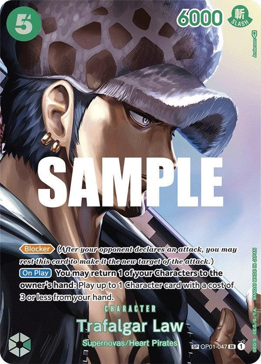 This is an image of a Bandai Trafalgar Law [Kingdoms of Intrigue] trading card featuring Trafalgar Law. The card, classified as Card Type Character, has a green border, a power value of 5, and a strength of 6000. Trafalgar Law is depicted in a checkered hat and hoodie, with text detailing his abilities and "SAMPLE" printed across the image.