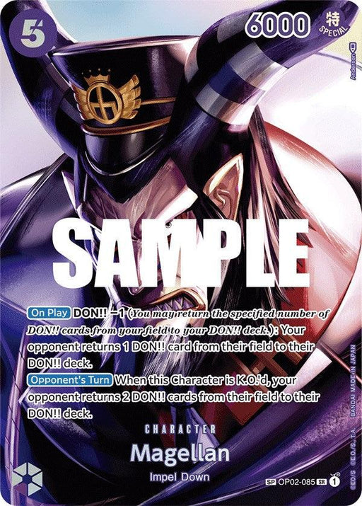 A Bandai Magellan [Kingdoms of Intrigue] trading card featuring Magellan from Impel Down. The character card has a purple background with Magellan in the center, wearing a purple and gold uniform with a horned helmet. With effects "On Play" and "Opponent's Turn," it boasts a power level of 6000 and costs 5, part of the Kingdoms of Intrigue series.