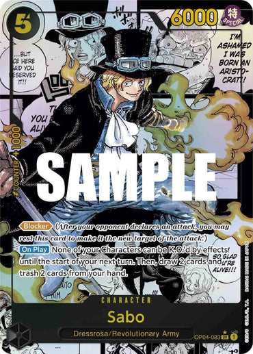 The Bandai product "Sabo (Alternate Art Manga) [Kingdoms of Intrigue]" features a vivid trading card of Sabo from "Dressrosa/Revolutionary Army," enhanced with striking lightning effects. Clad in a blue coat, top hat, and goggles, Sabo displays abilities such as blocking and drawing cards. This Super Rare card is prominently marked with the word "SAMPLE" and is part of the Kingdoms of Intrigue series.