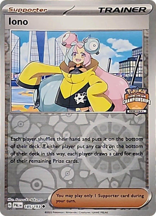 A Pokémon trading card featuring Iono, a character with long pink hair and a star-shaped hat, dressed in a yellow jacket with stars. The Uncommon card details the "Supporter" and "Trainer" labels, alongside tournament specifics. Its effect shuffles decks and draws cards based on Prize cards is the Pokémon Iono (185/193) (Regional Championships Promo) [League & Championship Cards].