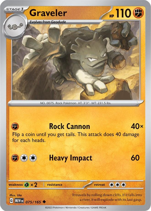 A Pokémon Graveler (075/165) [Scarlet & Violet: 151] from the Scarlet & Violet: 151 series features Graveler, a Fighting-type rock Pokémon. Graveler is depicted in a rocky terrain with four arms and an aggressive expression. The Uncommon card shows 110 HP and includes details of its moves: "Rock Cannon" and "Heavy Impact." The card's number is 075/165, illustrated by KirisAki.