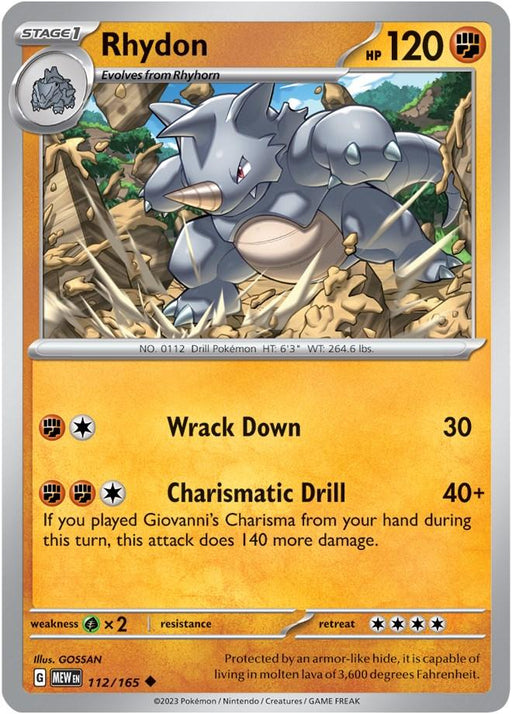A Pokémon card from the Scarlet & Violet: 151 set features Rhydon, a gray, armored, rhino-like creature with a drill horn. This Uncommon card depicts Rhydon with 120 HP and two attacks: "Wrack Down," dealing 30 damage, and "Charismatic Drill," dealing 40+ damage. The background showcases rocky terrain. The card is number Rhydon (112/165) [Scarlet & Violet: 151] by Pokémon.