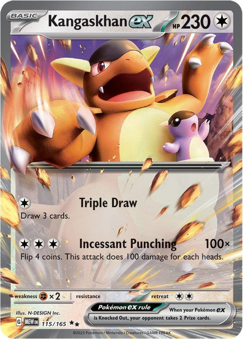 A **Kangaskhan ex (115/165) [Scarlet & Violet: 151]** card from the **Pokémon** set is shown. It has 230 HP. The illustrated Kangaskhan carries a baby in its pouch. The card lists two moves: Triple Draw and Incessant Punching. It features a Star for its Colorless basic type and has a retreat cost of three energy symbols. It's card number 115 out of 165.