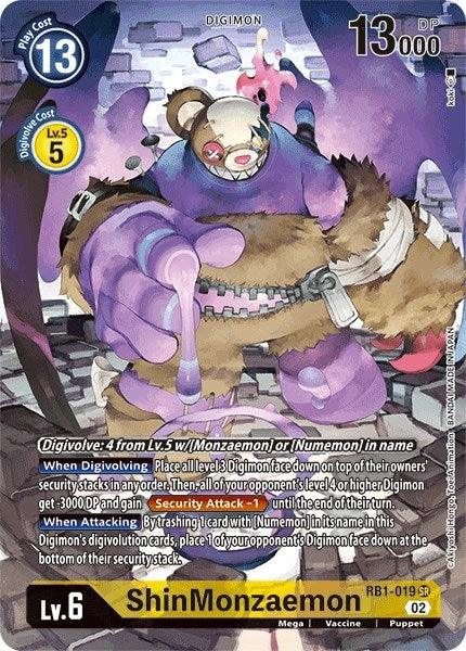 A Digimon trading card featuring "ShinMonzaemon (Textured Alternate Art) [Resurgence Booster]." The card showcases a purple and brown bear-like character with mechanical and plush elements, holding a large purple mace. With a 13 Play Cost, 13000 DP, and Level 6, this Super Rare card's text and abilities are detailed below the image.
