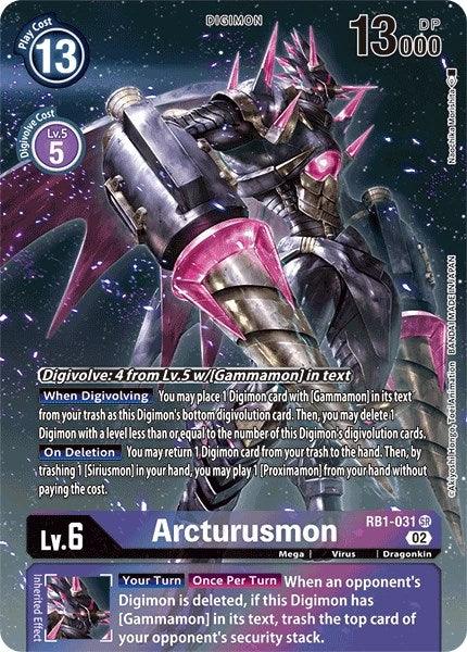 A trading card from the Digimon Resurgence Booster series features "Arcturusmon (Textured Alternate Art)," a Level 6 Super Rare Digimon with 13,000 DP and a play cost of 13. The card showcases a futuristic armored Digimon with large, metallic claws and armor plating. Detailed game mechanics text accompanies the small image of the Digimon in the lower left corner.
