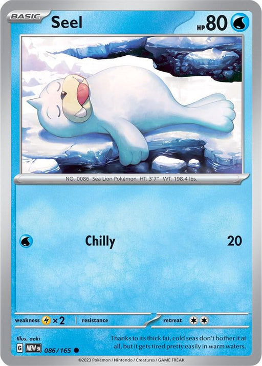 A Pokémon Seel (086/165) [Scarlet & Violet: 151] from the Pokémon series features a Seel, lying on its back on ice, eyes closed, and tongue sticking out, appearing content. This common card shows its HP as 80 and “Chilly” with an attack value of 20. The card number is 086/165 with a weakness to Electric types.