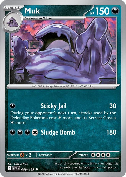 A Pokémon trading card of Muk, a Sludge Pokémon. Muk has 150 HP and evolves from Grimer. This Uncommon card from Scarlet & Violet: 151 features two attacks: Sticky Jail, which does 30 damage, and Sludge Bomb, which does 180 damage. The card details include weaknesses to Darkness type, retreat cost, and artist credit to Niso Niso, number Muk (089/165) [Scarlet & Violet: 151] by Pokémon.
