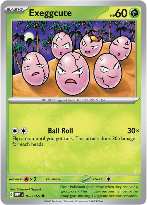 The Exeggcute (102/165) card from the Pokémon Scarlet & Violet: 151 series showcases a Grass-type Pokémon of Common rarity, featuring six pink eggs with different facial expressions. This card has 60 HP and includes an attack called Ball Roll that deals 30x damage based on a coin flip. It also provides additional details about Exeggcute's abilities and weight in the Scarlet & Violet series.