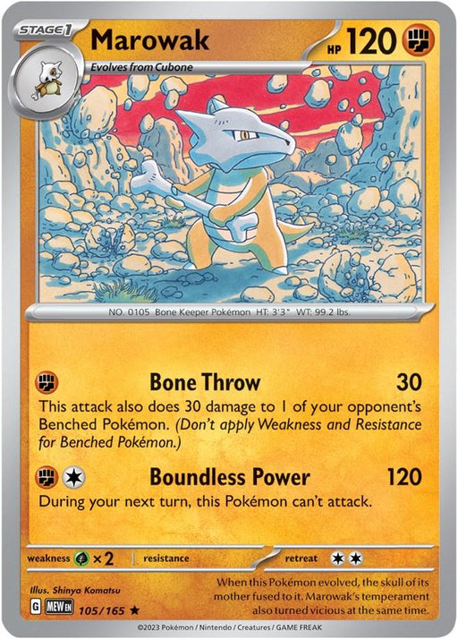 Image of a rare **Pokémon Marowak (105/165) [Scarlet & Violet: 151]** trading card from the Scarlet & Violet series. Marowak stands in an aggressive pose, clutching a bone. The card has an HP of 120 and includes two main attacks: "Bone Throw," which deals 30 damage and affects benched Pokémon, and "Boundless Power," which deals 120 damage but prevents Marowak from attacking next turn.