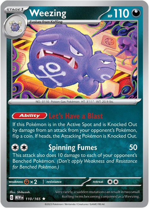 A rare Pokémon card from the Scarlet & Violet: 151 series, depicting Weezing, a dual-headed purple Pokémon with a toxic symbol on its body. The card showcases Weezing (110/165) [Scarlet & Violet: 151] with 110 HP and details its abilities "Let's Have a Blast" and "Spinning Fumes." Text and icons indicate its type, evolution status, and other characteristics.