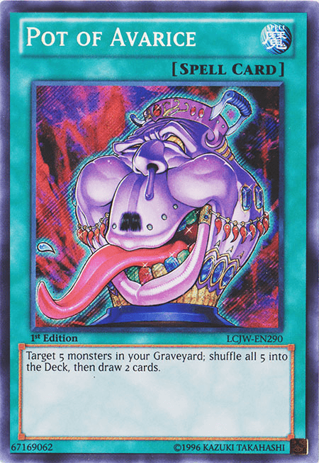 The Yu-Gi-Oh! card "Pot of Avarice [LCJW-EN290] Secret Rare" from the Legendary Collection 4 series depicts a purple, ornate pot with a face and a large tongue. The card's effect allows you to target five monsters in your Graveyard, shuffle them into your Deck, and then draw two cards. This is a 1st Edition Normal Spell Card.