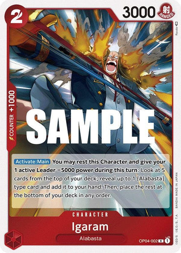 The Bandai One Piece TCG card "Igaram [Kingdoms of Intrigue]" showcases a blond character in a blue jacket with a bazooka, featuring a red border. This rare card has 3000 power, costs 2, includes activation instructions, and displays a "SAMPLE" watermark on the front.