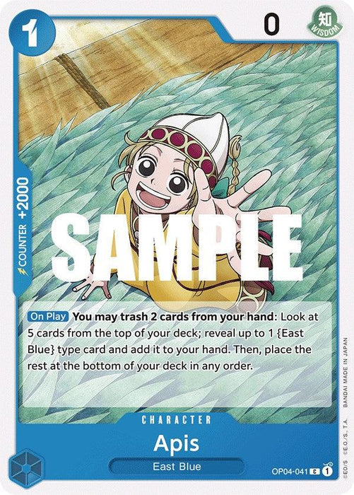 A trading card featuring Apis from the East Blue series. The character card has a blue border with the number 1 in the top left corner and a green emblem in the top right. Apis, wearing a crown-like hat, appears excited and smiling. Instructions and card details are printed on this Apis [Kingdoms of Intrigue] collectible by Bandai.