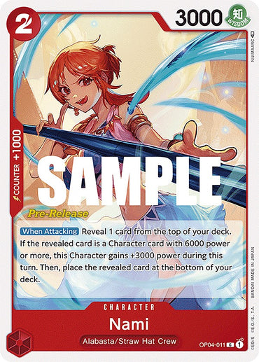 The Bandai Character Card, "Nami [Kingdoms of Intrigue Pre-Release Cards]," features Nami from the Alabasta/Straw Hat Crew in an orange top and shorts with a blue staff, boasting a power rating of 3000 and special abilities detailed in the text box.