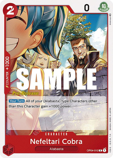 The Bandai trading card, Nefeltari Cobra from "Kingdoms of Intrigue Pre-Release Cards," depicts him smiling confidently before a stone wall. It features red borders, power rating, abilities, and "Pre-Release" text against a sunny landscape backdrop.