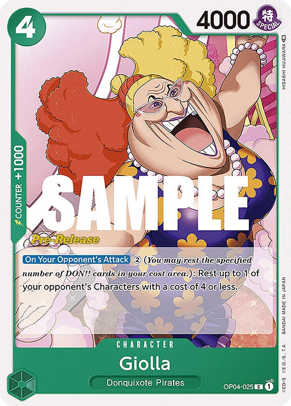 The Giolla [Kingdoms of Intrigue Pre-Release Card] by Bandai, a coveted Character Card, features Giolla of the Donquixote Pirates. With a green border and 4000 power level, she poses in her colorful outfit. The card is marked 