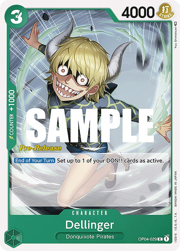 The Bandai product "Dellinger [Kingdoms of Intrigue Pre-Release Cards]" features a mischievous character with horns and blond hair. It has "4000" power, "Counter +1000," and the effect: "Set up to 1 of your DON!! cards as active.