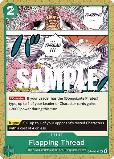 The image shows the "Flapping Thread" card from Bandai's Kingdoms of Intrigue Pre-Release Cards. It features a character controlling threads like the Donquixote Pirates, marked as a sample, with details on power boosts and a trigger to knock out opponents' cards.