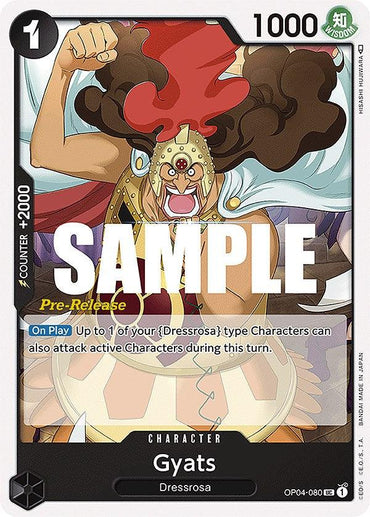 A trading card from Bandai's "Gyats [Kingdoms of Intrigue Pre-Release Cards]" features Gyats from Dressrosa. The card vividly depicts Gyats cheering energetically with both arms raised, and showcases abilities and stats such as "On Play" and "COUNTER +2000." This captivating collectible also has "Pre-Release" and "SAMPLE" watermarked across it.