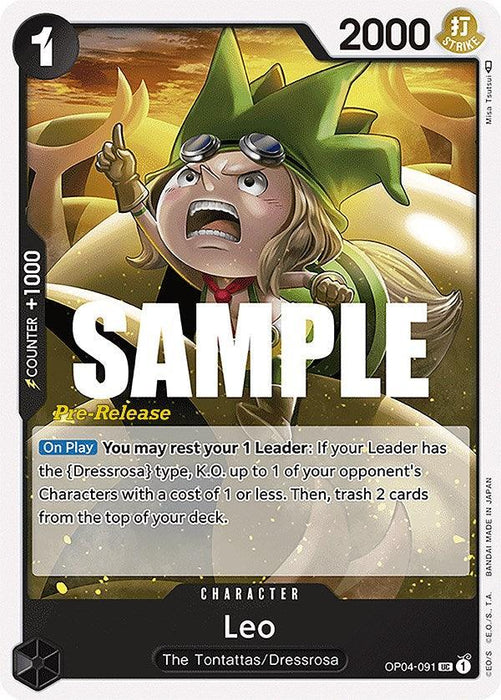 A trading card featuring the uncommon character named Leo from The Tontattas/Dressrosa. The character is depicted with an intense expression, wearing a green outfit and helmet. Part of the Bandai Leo [Kingdoms of Intrigue Pre-Release Cards], it has stats as follows: a cost of 1, counter of 1000, power of 2000, and special abilities described in a text box.