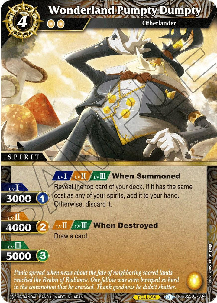 A fantasy-themed trading card features "Wonderland Pumpty Dumpty (BSS03-034) [Aquatic Invaders]" an armored character with a crown and a cracked body, floating in a magical realm. When Summoned, this Rare Spirit Card from Bandai details various game stats and abilities, like power levels and special effects for summoning and destruction.