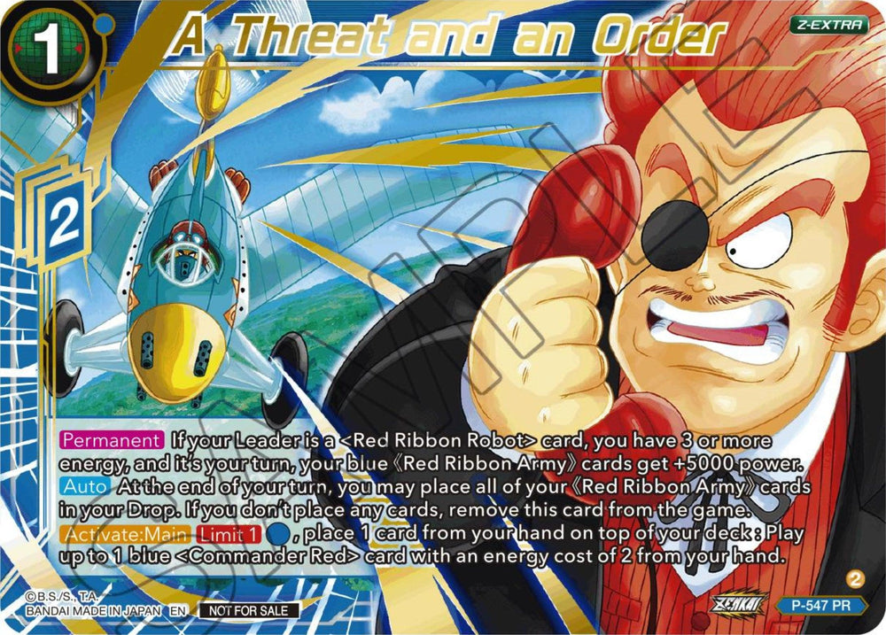 A Tournament Promotion Card from "A Threat and an Order (Championship Z Extra Card Pack 2023) (Gold-Stamped) (P-547)" by Dragon Ball Super showcases a muscular character in a red outfit and eyepatch, pointing forward. In the background, a plane with a green bullet-shaped nose flies through the sky. Text describes the card's abilities and conditions, with graphic elements framing the scene.