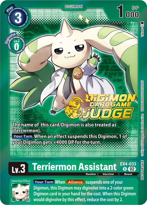 This Terriermon Assistant [EX4-033] (Alternate Art) (Judge Pack 4) [Alternative Being Booster Promos] showcases Terriermon Assistant. The background is green with digital patterns, featuring the small, white and green creature with long ears and a cloak, holding a staff. Attributes include Level 3, Vaccine, Beast, 3 Play Cost, and 1000 DP. Special abilities relate to suspending other Digimon.