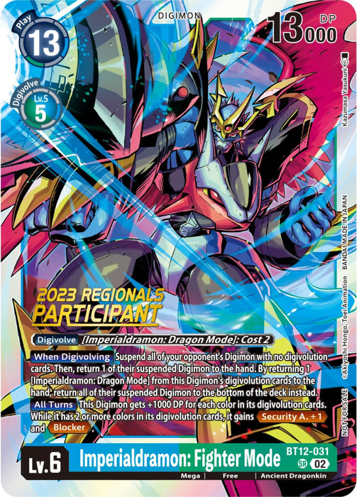 A Digimon card featuring Imperialdramon: Fighter Mode [BT12-031] (2023 Regionals Participant) [Across Time], a Level 6, Mega, Ancient Dragonkin with a Digivolution cost of 2 and 13,000 DP. The vibrant artwork showcases the Digimon in a powerful stance, while the card text details its special abilities. Marked as a 2023 Regionals Participant, it's numbered BT12-031.