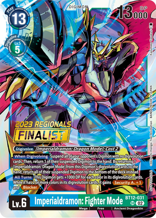 Digital trading card of Imperialdramon: Fighter Mode [BT12-031] (2023 Regionals Finalist) [Across Time] from the Digimon series. The card features vibrant, futuristic art of an ancient Dragonkin with metallic armor, wielding a glowing sword. Key details include Level 6, 13 Digivolution cost, and 13,000 DP. Text highlights its abilities and stats.