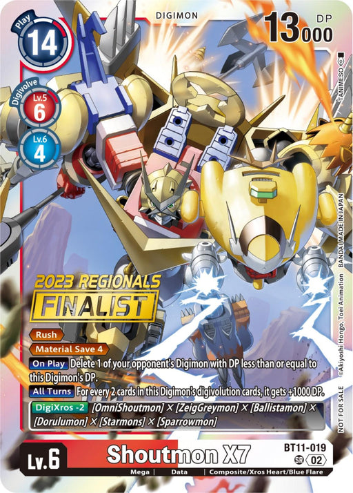 A Digimon promo card featuring **Shoutmon X7 [BT11-019] (2023 Regionals Finalist) [Dimensional Phase]**. With a play cost of 14 and 13,000 DP, this level 6 Mega boasts traits like Rush and Material Save 4. Highlighting its DigiXros effects and abilities against opponents' Digimon, the card background celebrates "2023 Regionals Finalist" from the Dimensional Phase