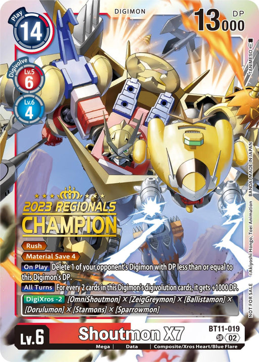 A Digimon card titled "Shoutmon X7 [BT11-019] (2023 Regionals Champion) [Dimensional Phase]" from the Digimon brand, with a play cost of 14, level 6, and 13,000 DP. It boasts "Rush" and "Material Save 4" abilities. The card features Shoutmon X7 wielding a sword and shield in a dynamic DigiXros scene brimming with action. Various technical details are included.