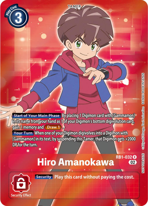 The Hiro Amanokawa [RB1-032] (Box Topper) card from the Digimon Resurgence Booster set prominently showcases the Tamer character Hiro Amanokawa. The card has a predominantly red background adorned with various detailed graphics, featuring an anime-style depiction of Hiro with brown hair, dressed in a red hoodie over a blue shirt. The gameplay effects are elaborately described on the card.
