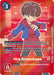 The Hiro Amanokawa [RB1-032] (Box Topper) card from the Digimon Resurgence Booster set prominently showcases the Tamer character Hiro Amanokawa. The card has a predominantly red background adorned with various detailed graphics, featuring an anime-style depiction of Hiro with brown hair, dressed in a red hoodie over a blue shirt. The gameplay effects are elaborately described on the card.
