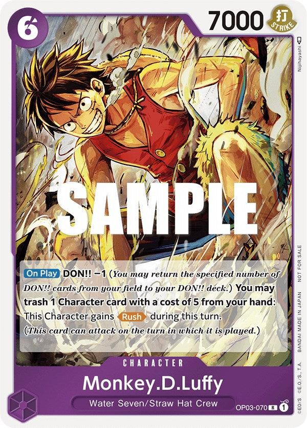 Discover the rare Monkey.D.Luffy (Dash Pack) [Kingdoms of Intrigue] character card by Bandai, showcasing Monkey D. Luffy from the Water Seven/Straw Hat Crew in a dynamic action pose with a determined expression. This card has a cost of 6 and a power of 7000, and it features detailed abilities such as gaining Rush Ability and allowing you to trash a card to activate effects.