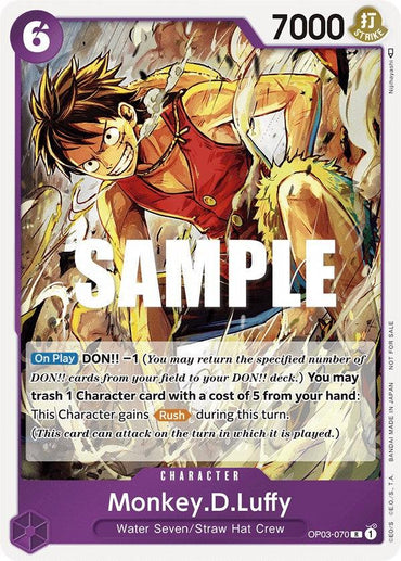 Discover the rare Monkey.D.Luffy (Dash Pack) [Kingdoms of Intrigue] character card by Bandai, showcasing Monkey D. Luffy from the Water Seven/Straw Hat Crew in a dynamic action pose with a determined expression. This card has a cost of 6 and a power of 7000, and it features detailed abilities such as gaining Rush Ability and allowing you to trash a card to activate effects.