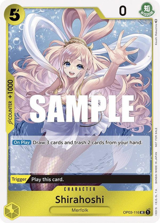 A trading card from the **Bandai** **Kingdoms of Intrigue** featuring Shirahoshi, an uncommon merfolk character with long pink hair and a golden crown, smiling with arms open underwater. The card has a yellow border, a counter of 1000, and gameplay text: "On Play: Draw 3 cards and trash 2 cards from your hand." The trigger effect is: "Play this card. The product name is **Shirahoshi (Dash Pack) [Kingdoms of Intrigue]**.