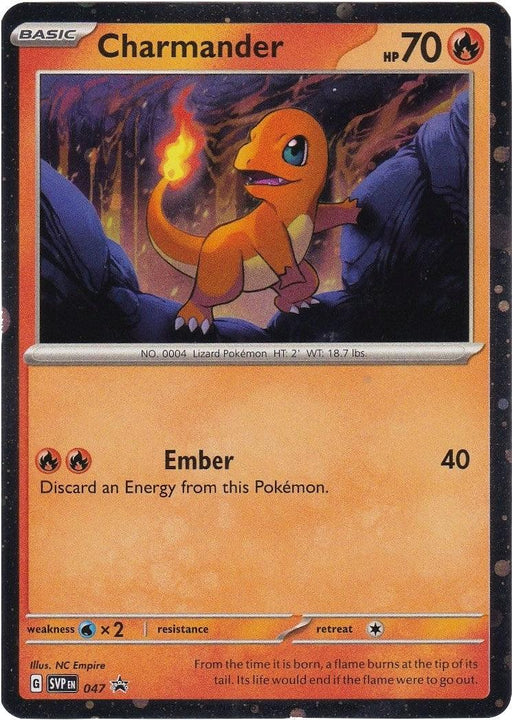 A Pokémon card featuring Charmander, a small orange lizard-like Fire Type Pokémon with a flaming tail. The Charmander (047) (Cosmos Holo) [Scarlet & Violet: Black Star Promos] card displays Charmander's HP as 70 and describes its attack, Ember, which requires discarding an Energy card and deals 40 damage. The mountainous background sets the scene.