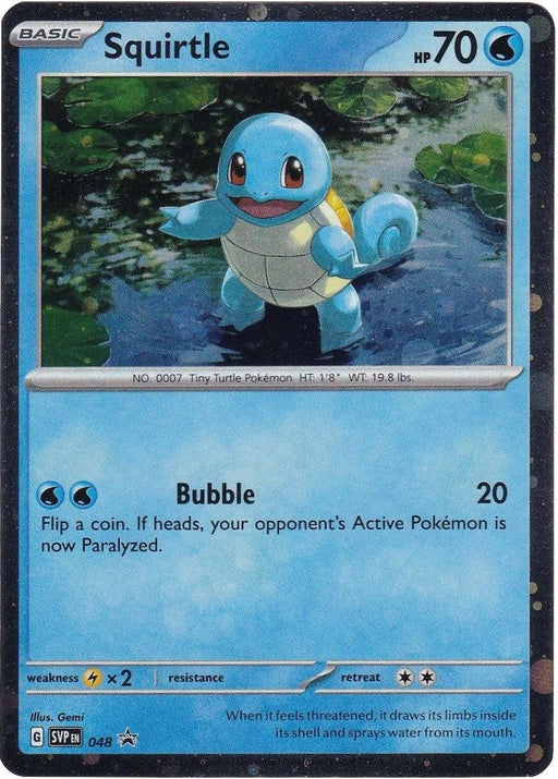 A Pokémon Squirtle (048) (Cosmos Holo) [Scarlet & Violet: Black Star Promos] featuring Squirtle, a blue turtle-like creature with a light blue shell and a curled tail, standing on a rock by the water. This Water Type card includes 70 HP, an attack called "Bubble" with 20 damage, and details about Squirtle's characteristics and abilities. Part of the Scarlet & Violet Black Star Promos set.